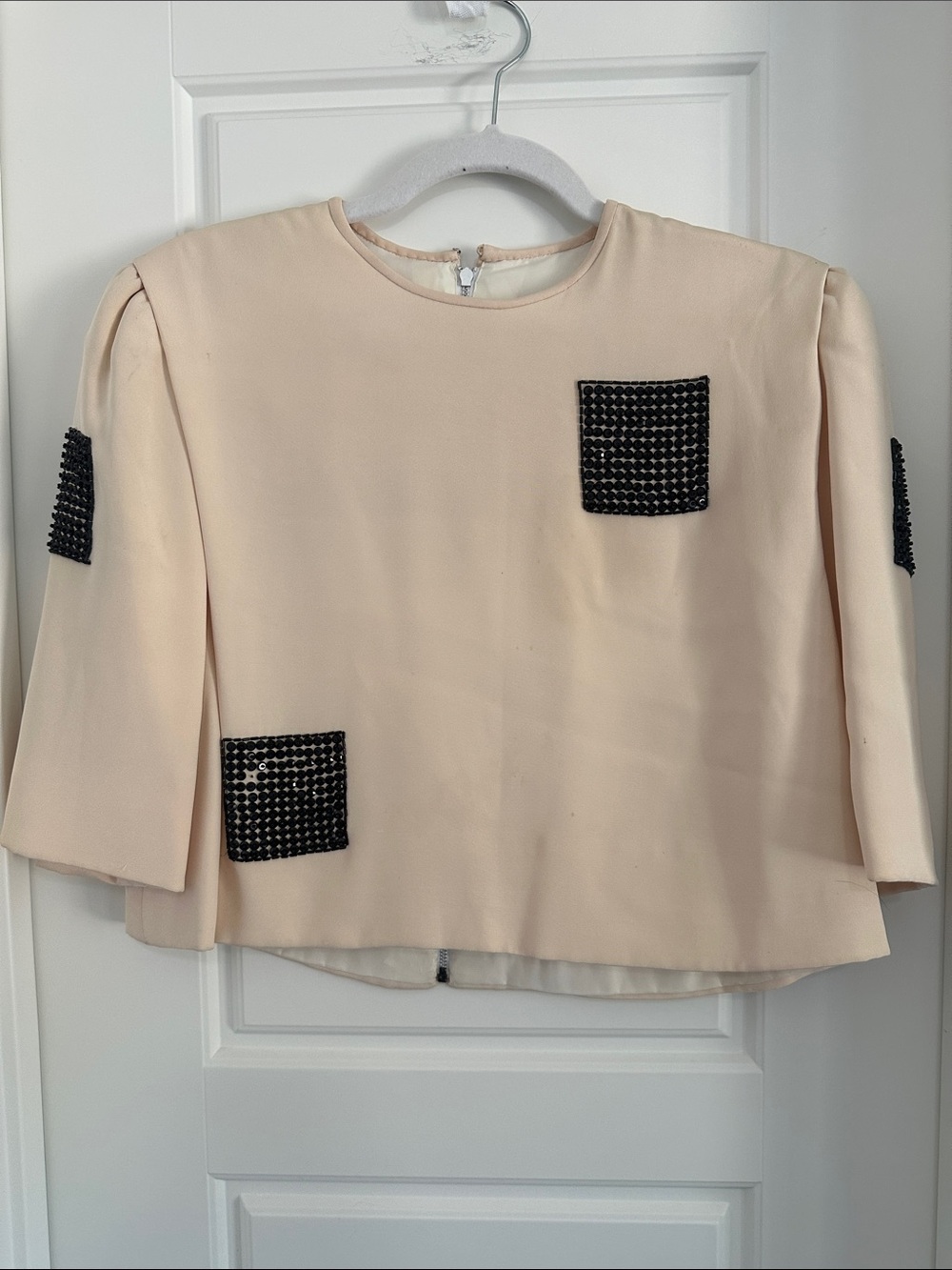 Cream Boxy Tunic Top with Black Tweed Patch Details